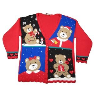 Vtg Sasson Cardigan Sz L Red Teddy Bear Christmas Button‎ Up Holiday 90s Grandma